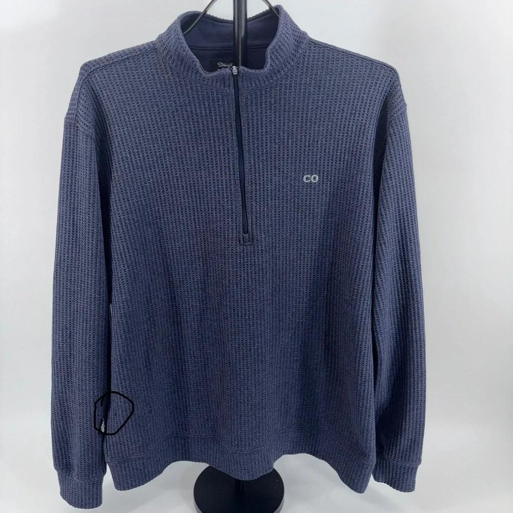 Straight Down Mens Blue Waffle Knit Quarter Zip Pullover Golf Sweater Large CO